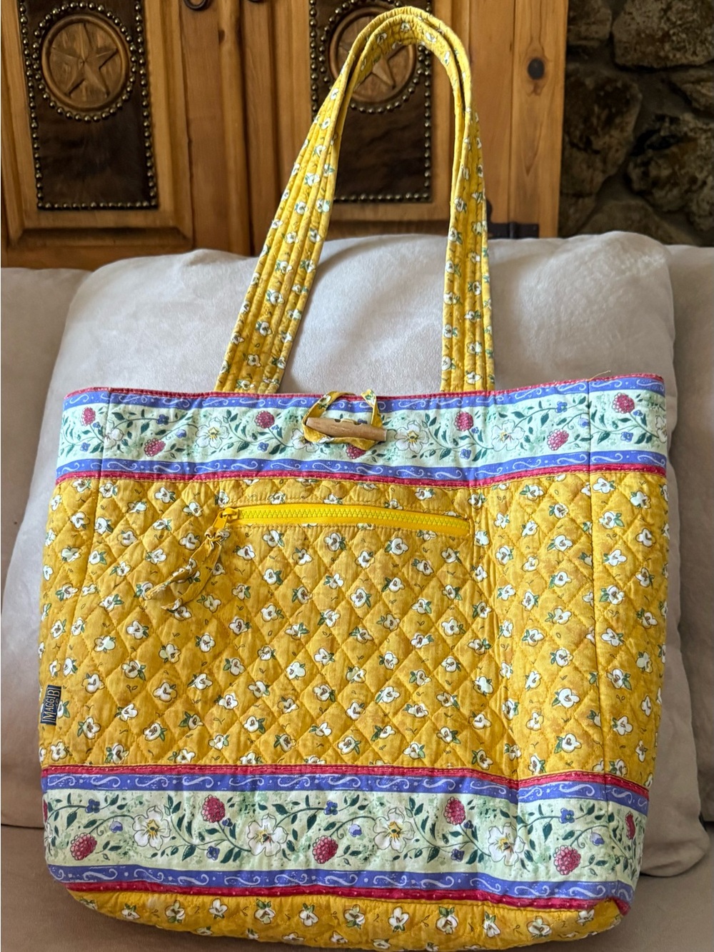 MaggiB Yellow Quilted Floral Tote Bag with Front Zip Pocket